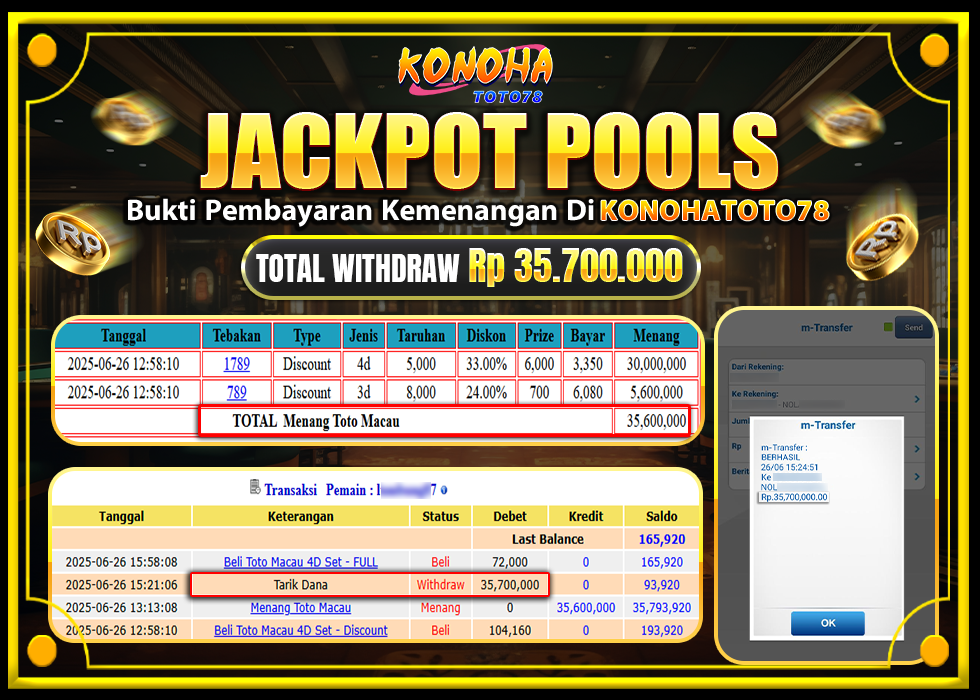 KONOHATOTO78 JACKPOT TOGEL PASARAN TOTOMACAU Rp.35.700.000,-LUNAS